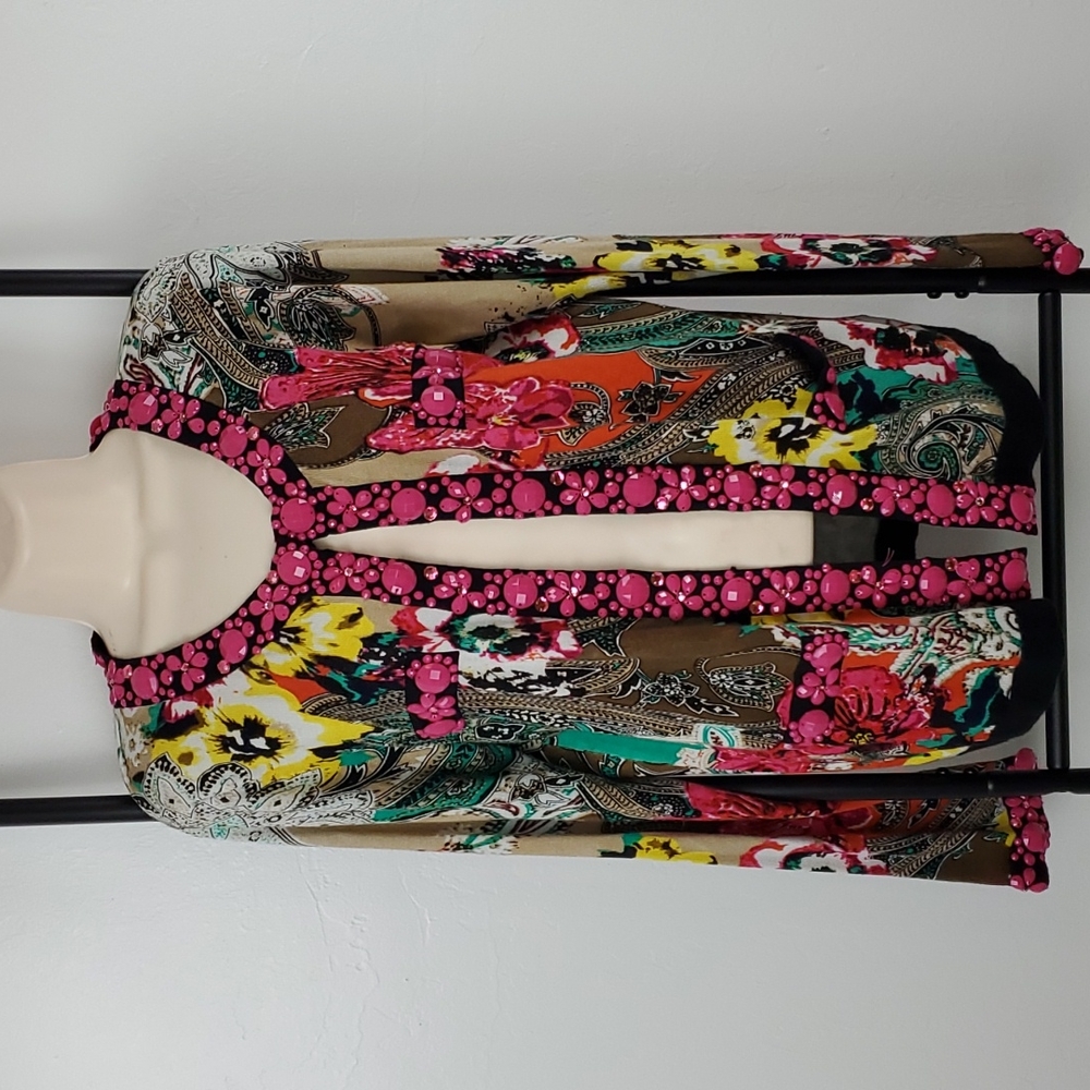 Michael Simon cardigan beads knit multicolor floral long sleeve women size M